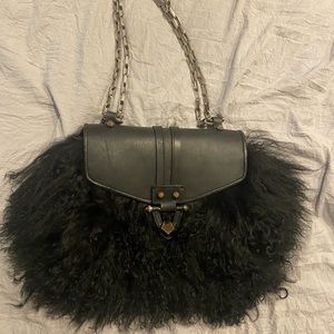Pour la Victoire black mongolian tibetan lamb fur & leather shoulder purse